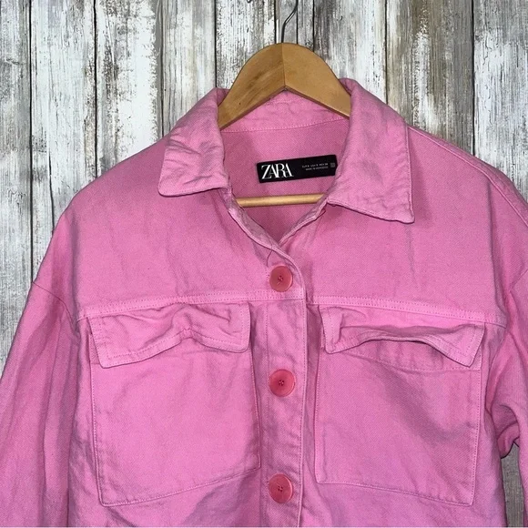 Zara Pink Cropped Denim Jacket Raw Hem Boxy Utility Jean Jacket Women’s S - Picture 4 of 8